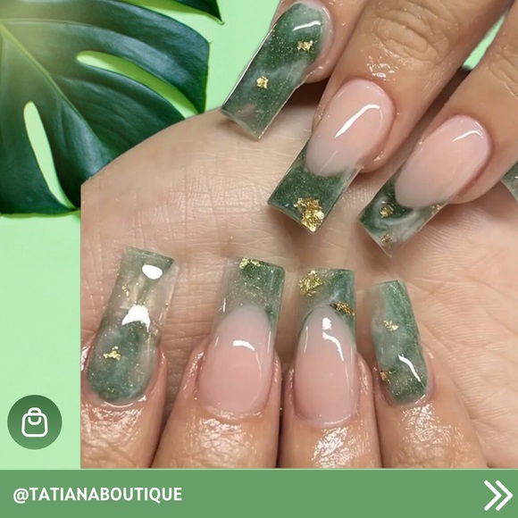 Kiss Other - NEW Gold Foil Sage Green Yellow Elegant Press On Nail Kit Glue French